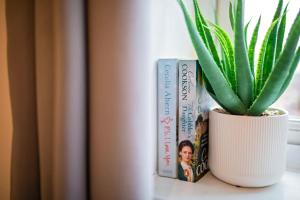 een plant in een vaas naast twee boeken bij Long Barn House - Andover in Enham-Alamein