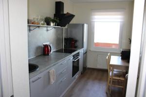 a kitchen with a stove and a sink and a table at Ezerkrasta Apartment in Liepāja