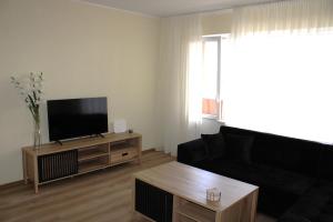 a living room with a black couch and a flat screen tv at Ezerkrasta Apartment in Liepāja