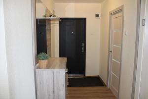 a hallway with a door and a table with a plant at Ezerkrasta Apartment in Liepāja +18 photos