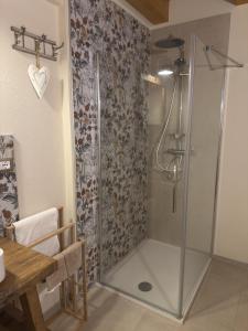 a shower with a glass door in a bathroom at Naš duam in Stregna
