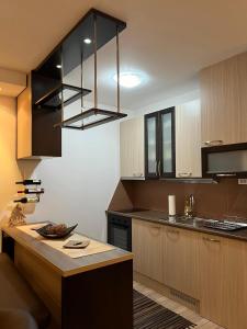 a kitchen with wooden cabinets and a black chandelier at EukaVita in Banja Koviljača