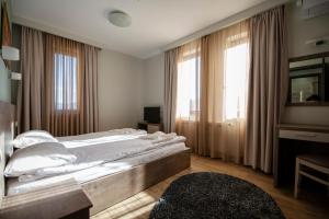 a bedroom with a large bed and a large window at Hotel LaCasa Tsigov Chark in Batak