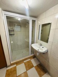 温特和克Little Haven Conerstone cottage的带淋浴和白色盥洗盆的浴室