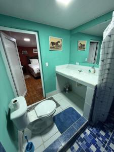 Un baño con inodoro, lavabo y espejo. en Caribou, en Monterrico