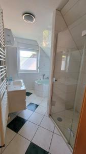 un bagno con doccia, lavandino e vasca di Ferienhaus Windland a Hof Dranske