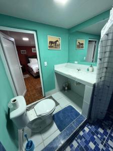 Un baño con inodoro, lavabo y espejo. en Caribou, en Monterrico