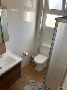 a bathroom with a toilet and a sink and a window at Hotel apartment studio in Dherinia