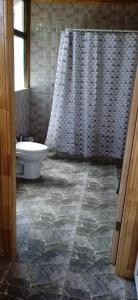 Un baño con inodoro y cortina de ducha. en Gran cabaña en playas ILoca, Curico, en Rancura