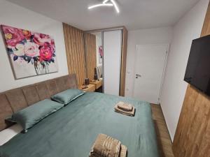a bedroom with a large green bed with a television at Apartman IVA in Modriča