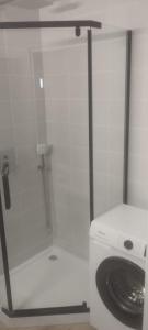 Una ducha blanca con lavadora en un baño. en Pohodárium, en Těchonín 3 fotos más