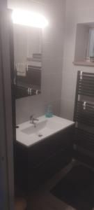 Un baño con un lavabo blanco y un espejo. en Pohodárium, en Těchonín