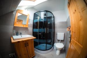 a bathroom with a glass shower and a toilet at Pensiunea Casa Alexandra in Vatra Dornei +61 photos