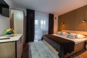 a hotel room with a bed and a television at Pensiunea Casa Alexandra in Vatra Dornei