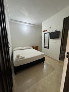 Hotel Real Alejandria في Alejandría: غرفة نوم بها سرير وتلفزيون على الحائط