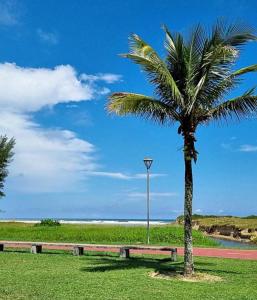 een palmboom naast een bankje en een straatlantaarn bij Canto do Atlântico in Ilha Comprida