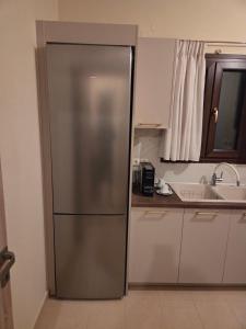 a stainless steel refrigerator in a kitchen next to a sink at Metsovo Fireplace Retreat 2 in Metsovo