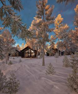 een hut in de sneeuw met een boom op de voorgrond bij Villa Blueberry in Kolari