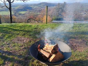 a fire pit in the grass in a field at Top Barn Wales in Monmouth