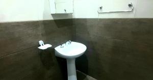 Departamento en El Calafate para dos personas في إل كالافاتي: حمام مع حوض ومرآة