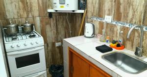 Departamento en El Calafate para dos personas في إل كالافاتي: مطبخ صغير مع موقد ومغسلة +3 صور