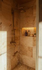a shower in a bathroom with a glass door at Summit Escape Peace & Comfort in Cartago