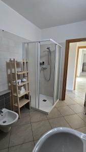 une salle de bain avec douche et lavabo dans l'établissement Appartamento da Nonna Anna, à Montagna in Valtellina