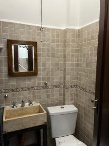 Un baño con inodoro, lavabo y espejo. en Obelisco Buenos Aires, en Buenos Aires