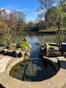a pond in a garden next to a river at Grayrigge Croft Cottage in Grange Over Sands +19 photos