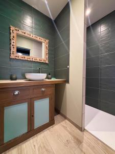 a bathroom with a sink and a mirror at Les chambres de Marie in Villié-Morgon