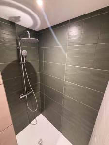 a shower with a shower head in a bathroom at Les chambres de Marie in Villié-Morgon