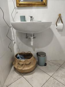 een badkamer met een wastafel en een mand onder een wastafel bij Miniloft scala blu in Milaan