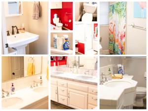 a collage of photos of a bathroom with sinks and toilets at LA Artist House in Encino