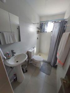 a bathroom with a sink and a toilet and a shower at Río Hato in El Chirú