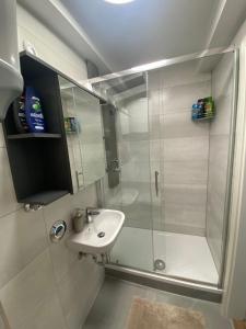 a bathroom with a shower with a sink and a glass shower stall at New komplett möblierte Wohnung-Zentral in Sindelfingen