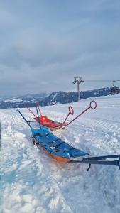 Guest House Nukri في Danisparauli: دراجة ثلجية زرقاء وبرتقالية موضوعة في الثلج