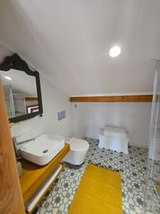 een badkamer met een wastafel, een toilet en een spiegel bij Casa Lage da Pena in Geres