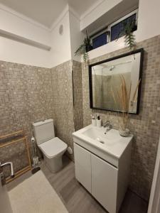 un bagno con lavandino, WC e specchio di Afife Beach Apartment ad Afife