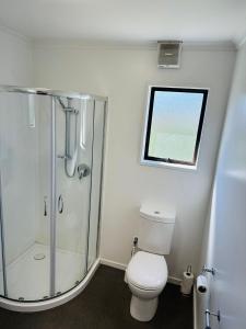 Un baño con inodoro y ducha de cristal. en Academy Lodge Motel, en Ashburton 28 fotos más