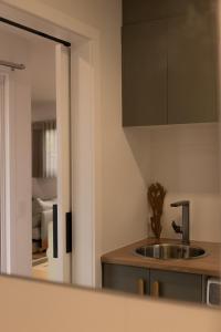 a kitchen with a sink and a mirror at Gull's Whisper - all you need in Falmouth