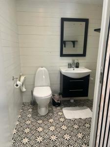 The Scandic Luxe - Landvetter Airport في Torslanda: حمام مع مرحاض أبيض ومغسلة