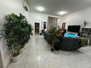 a living room with a couch and potted plants at Stylish 2 Bedroom with 2 outside area in Abu Dhabi