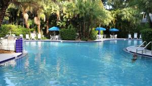 Paradise Point by AvantStay Golf Course Living في ستوك آيلاند: حمام سباحة كبير مع كراسي ومظلات