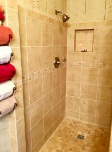 a bathroom with a shower with a tiled shower at La Casita in Concan +44 photos