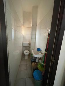 a small bathroom with a toilet and a sink at Modern 1 Bedroom Apartment with Balcony in Enugu +11 photos