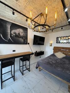 una camera da letto con un letto, un tavolo e una televisione di Secrect Jacuzzi Studio a San Miguel de Allende