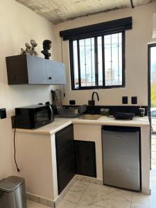 una cucina con lavello e forno a microonde di Secrect Jacuzzi Studio a San Miguel de Allende Altre 5 foto