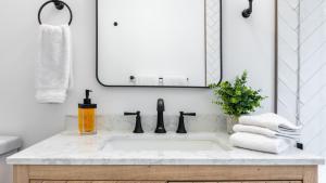 a bathroom with a white sink and a mirror at Charcoal Chalet by AvantStay A Design w Firepit in New Paltz +29 photos