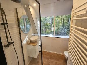 baño con ducha, lavabo y ventana en Comfortable Chalet near Durbuy Center, en Septon 3 fotos más
