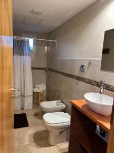 um banheiro com um vaso sanitário branco e uma pia em Patagonia Nido em Trevelín mais 10 fotografias